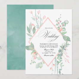 Convite Casamento Geométrico com Verde e Rosa Pastel