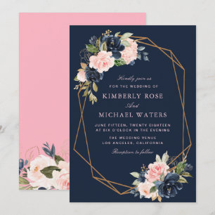 Convite Casamento geométrico cor-de-rosa com Marinho