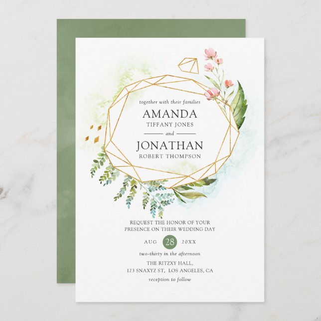 Convite Casamento Geométrico Crystal Greenery de Aquarela (Frente/Verso)