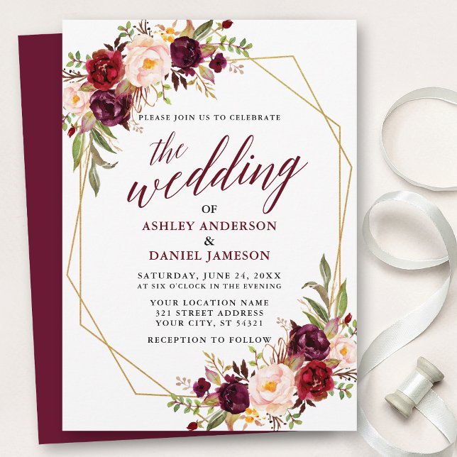 Convite Casamento Geométrico da Caligrafia Floral Burgundy (Customize to change text size, style, add text & photos to back or change color of back of card.)