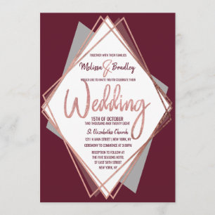 Convite Casamento Geométrico da Cinza Dourada Burgundy