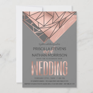 Convite Casamento Geométrico da Cinza Rosa Dourada Modern