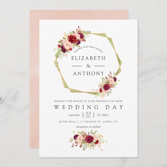 Convite Casamento Geométrico de Borgonha e Blush Pink (Frente/Verso)