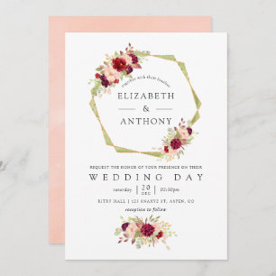 Convite Casamento Geométrico de Borgonha e Blush Pink
