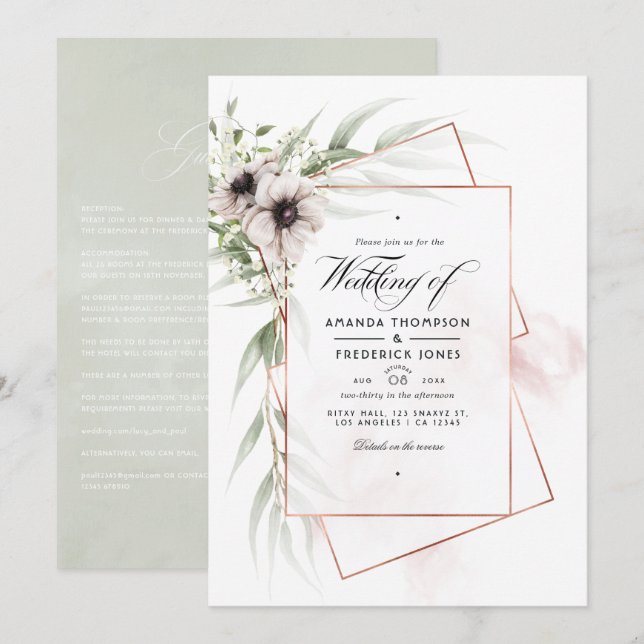 Convite Casamento Geométrico de Eucalipto com Aquarela Anê (Frente/Verso)