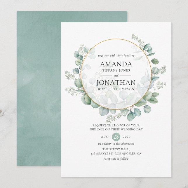 Convite Casamento Geométrico de Eucalipto em Aquarela (Frente/Verso)