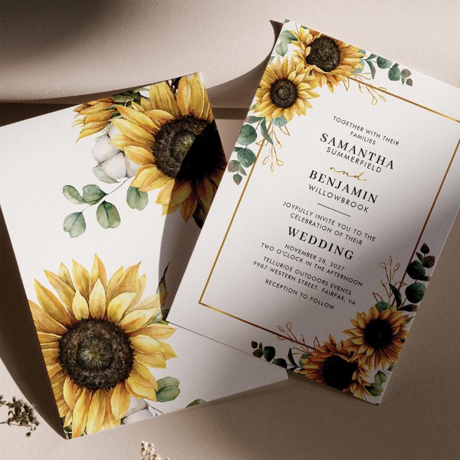 Convite Casamento Geométrico de Eucalyptus Greenery Sunflo (Sunflower Eucalyptus Wedding Invitation Front and Back view)
