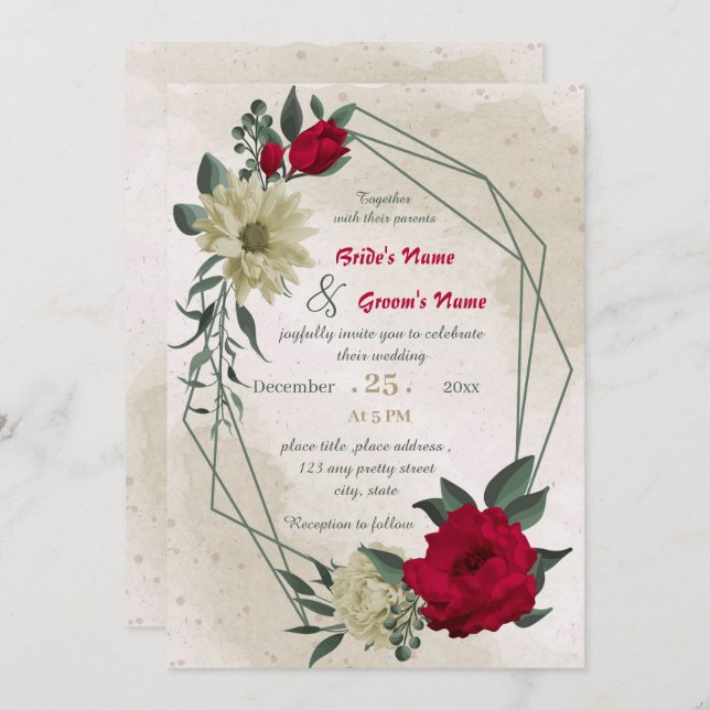 Convite casamento geométrico de flores amarelas vermelhas  (Frente/Verso)