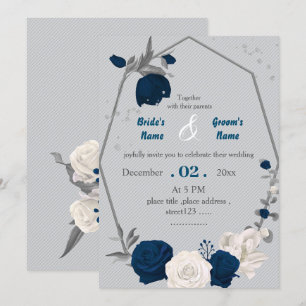 Convite Casamento geométrico de flores azuis e brancas mar