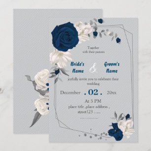 Convite Casamento geométrico de flores azuis e brancas mar
