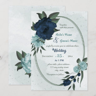 Convite Casamento geométrico de flores azuis e marinhos
