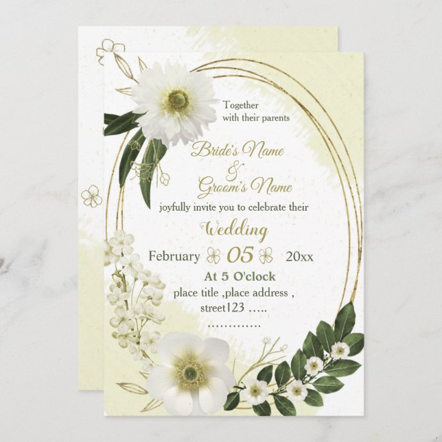 Convite casamento geométrico de flores brancas e douradas (Frente/Verso)