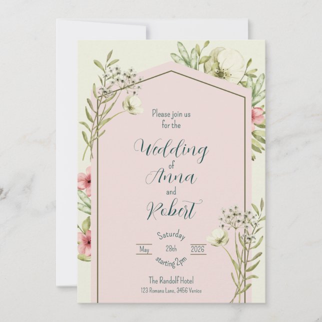 Convite Casamento Geométrico De Flores Brancas E Verdes (Frente)