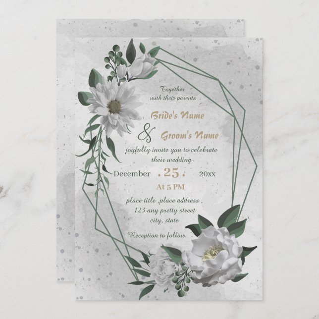 Convite casamento geométrico de flores brancas românticas (Frente/Verso)
