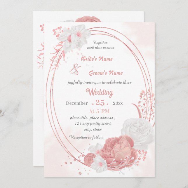 Convite casamento geométrico de flores rosa e brancas (Frente/Verso)