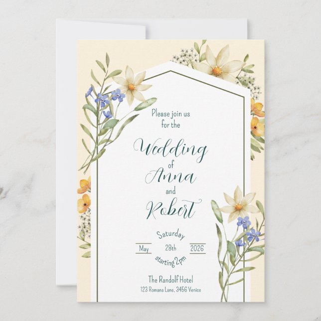 Convite Casamento Geométrico De Flores Selvagens Brancas E (Frente)