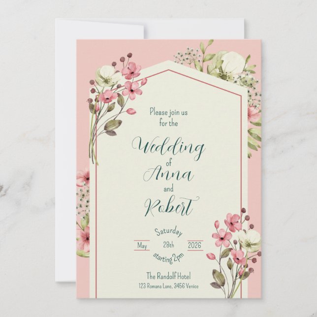 Convite Casamento Geométrico De Flores Selvagens Rosa E Br (Frente)