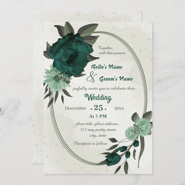 Convite casamento geométrico de flores verdes esmeraldas (Frente/Verso)