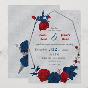 Convite casamento geométrico de flores vermelhas e marinho