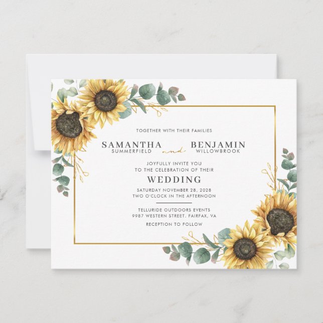 Convite Casamento Geométrico de Girassol Floral e Eucalipt (Frente)