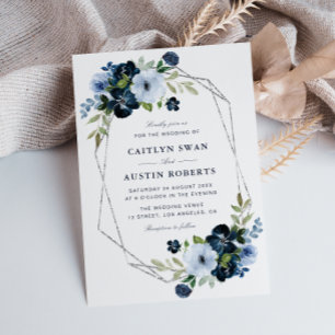 Convite Casamento geométrico de marinho e prata azul-clar