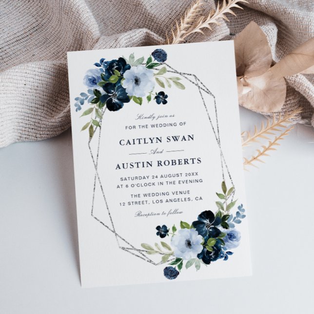 Convite Casamento geométrico de marinho e prata azul-claro (Criador carregado)