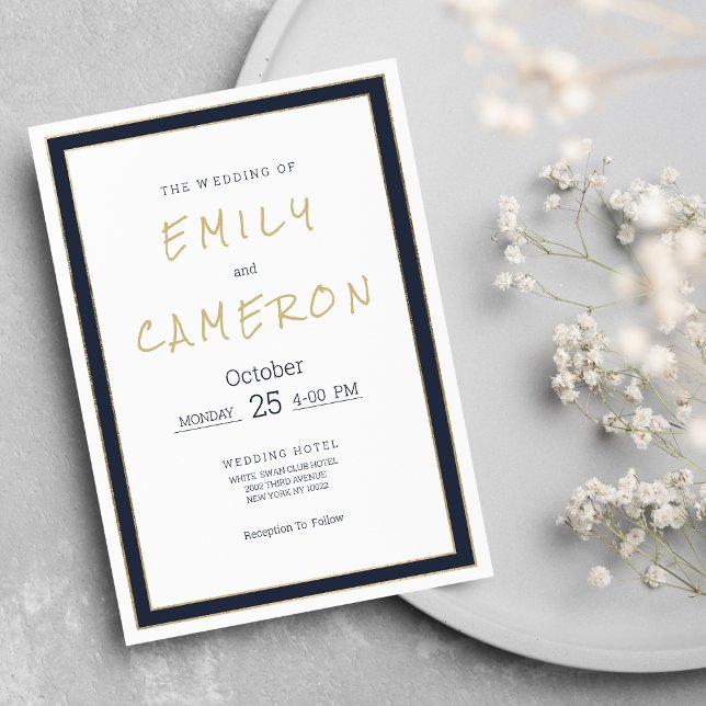 Convite Casamento geométrico de ouro branco e marinho míni (Minimalist white navy blue gold geometric Wedding )