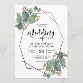 Convite Casamento geométrico de ouro com rosa de Eucalyptu