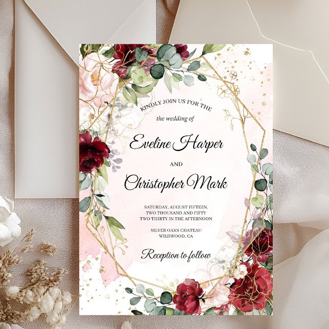 Convite Casamento geométrico de ouro-merlot vermelho-grand (Boho blush burgundy pink and gold geometric wedding invitation )