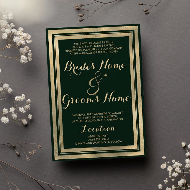 Convite Casamento geométrico de ouro verde florestal (Geometric modern forest green gold Wedding )