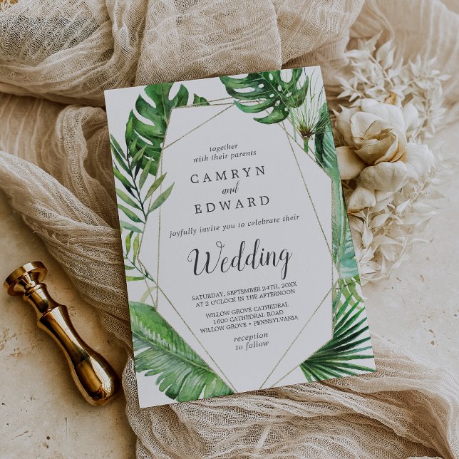 Convite Casamento Geométrico de Palm Tropical Selvagem (Wild Tropical Palm Geometric Summer Beach Wedding Invitation)