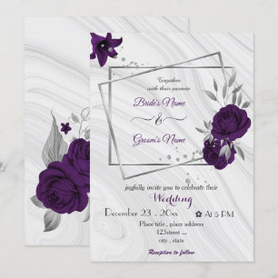 Convite casamento geométrico de prata com flores roxas rea