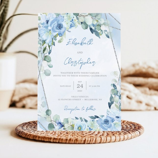 Convite Casamento Geométrico de Prata Floral Azul Dusty (Winter blue flowers mixed eucalyptus greenery and silver glitter frame wedding invitation)