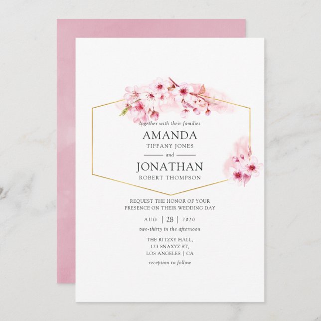 Convite Casamento Geométrico de Primavera Cherry Blossom (Frente/Verso)