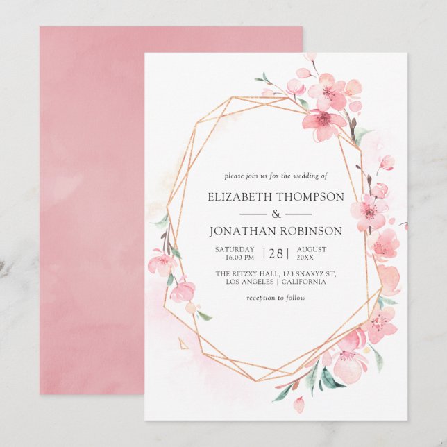 Convite Casamento Geométrico de Primavera com Flor de Cere (Frente/Verso)