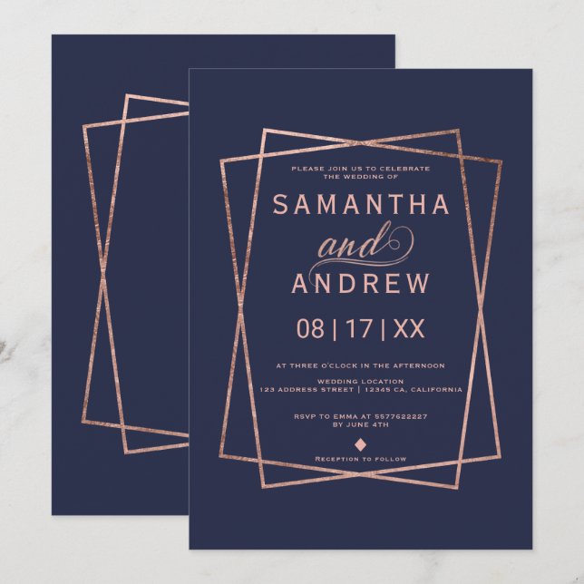 Convite Casamento geométrico de rosa de dourado do marinho (Frente/Verso)
