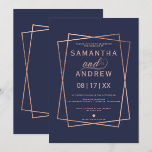 Convite Casamento geométrico de rosa de ouro do marinho m