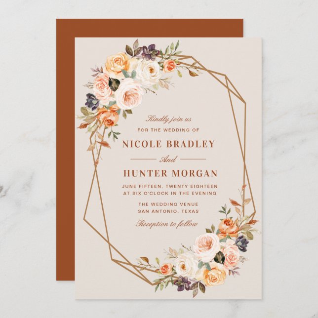 Convite casamento geométrico de terracotta floral em queda (Frente/Verso)