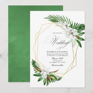 Convite Casamento Geométrico de Vegetação Tropical em Aqua
