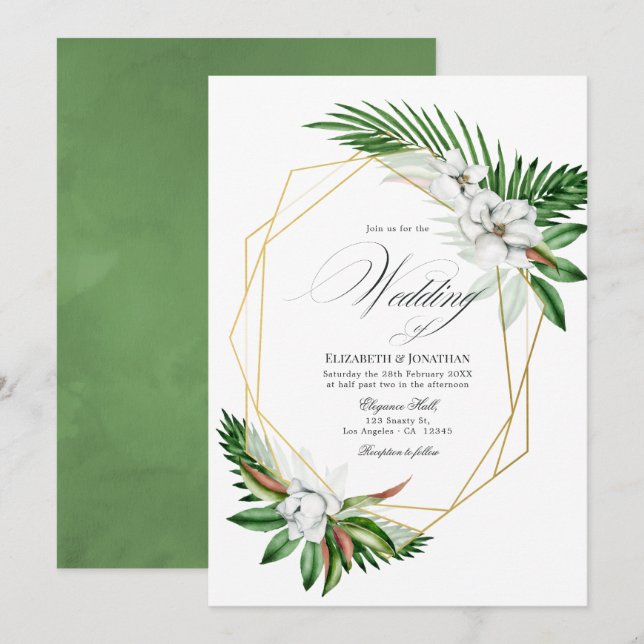 Convite Casamento Geométrico de Vegetação Tropical em Aqua (Frente/Verso)