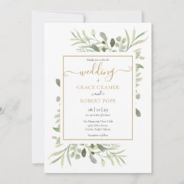 Convite Casamento Geométrico de Verde Elegante Dourado