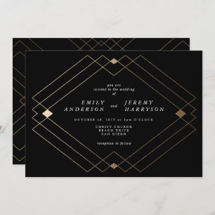 Convite Casamento Geométrico Deco Gatsby Dourado Negro Dia