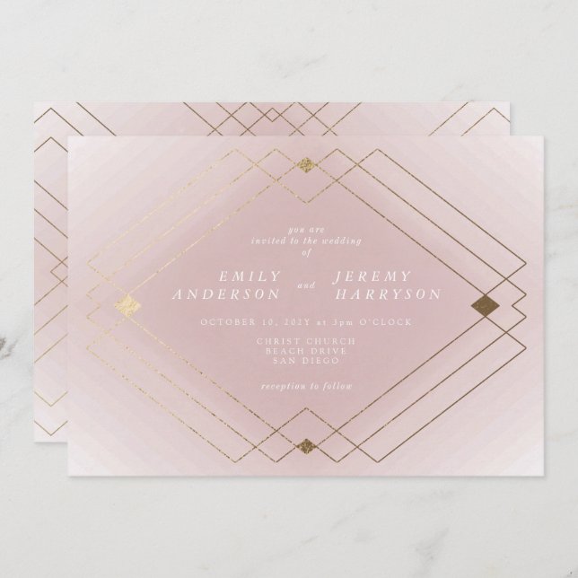 Convite Casamento Geométrico Deco Gatsby Dourado Rosa-Rosa (Frente/Verso)