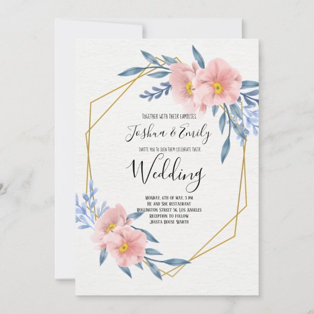 Convite Casamento Geométrico do Blush Dourado Azul Cor-de- (Frente)