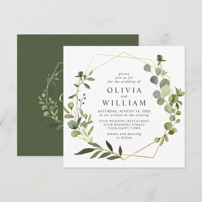 Convite Casamento Geométrico do Foliage Eucalyptus Moderno (Frente/Verso)