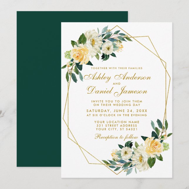 Convite Casamento Geométrico Dourado Amarelo Floral (Frente/Verso)