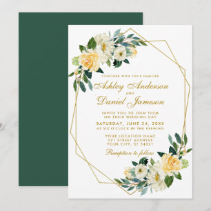 Convite Casamento Geométrico Dourado Amarelo Floral Moder
