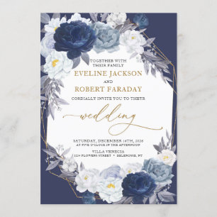Convite Casamento Geométrico Dourado Azul-Floral de Trendy