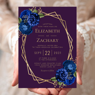 Convite Casamento Geométrico Dourado Azul Roxo