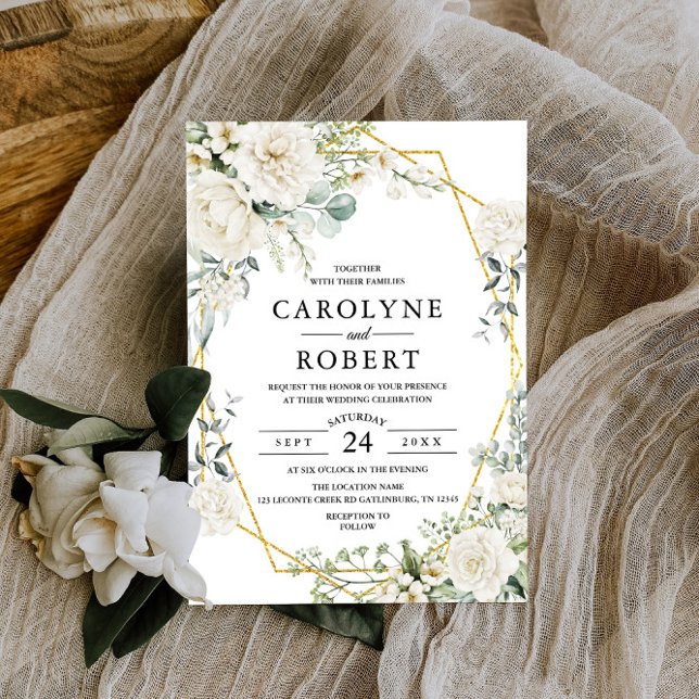 Convite Casamento Geométrico Dourado Branco Floral (Criador carregado)